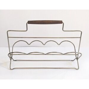 Vintage 1960s MCM Folding Wire Drink Caddy Wood Handle Mid Century Barware Rack